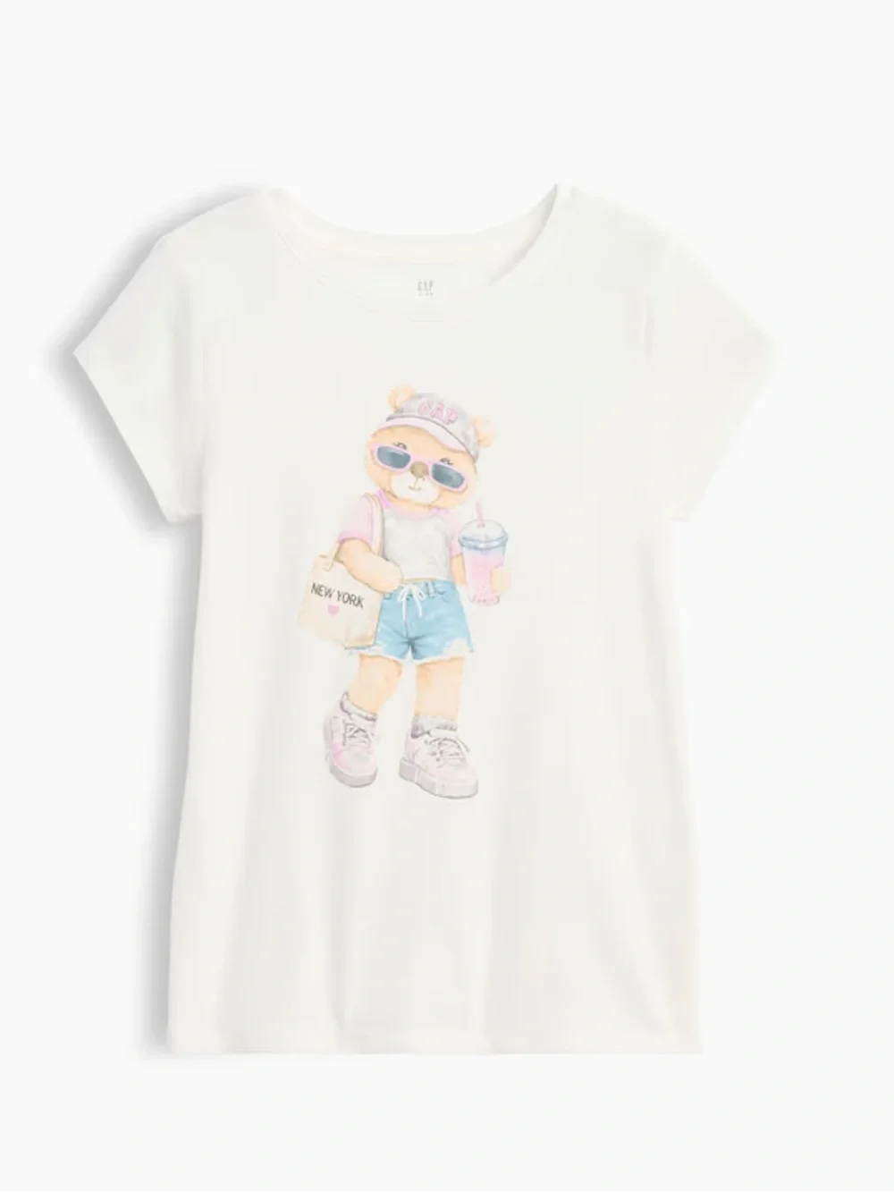 GAP Kids Black Tee with Pink Ribbon & White Bear Graphic Tee